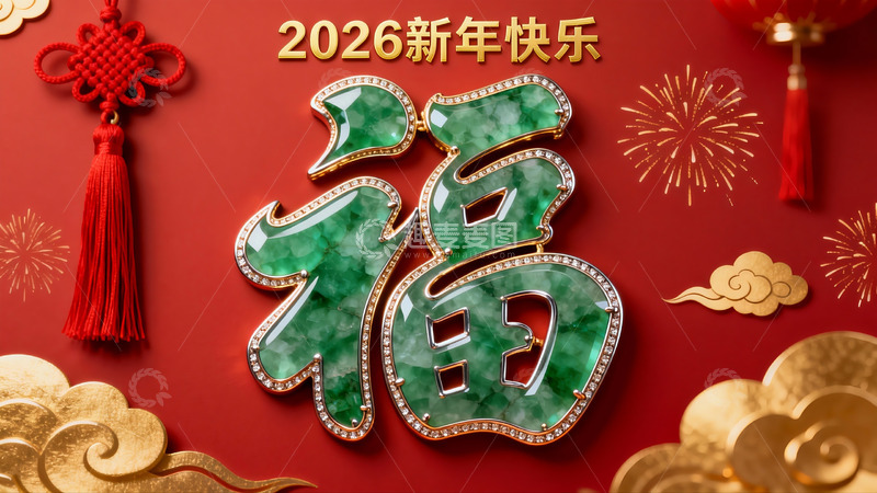 高清大图下载【趣麦麦图】2026新年翡翠福字装饰