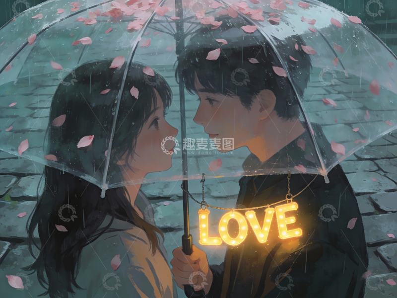 高清大图下载【趣麦麦图】雨中情侣共伞赏樱