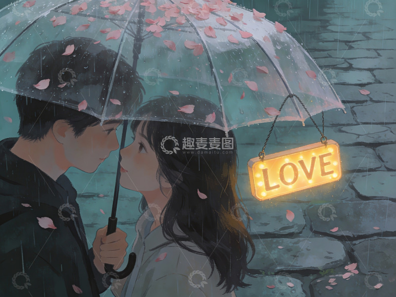 高清大图下载【趣麦麦图】雨中情侣共伞赏樱