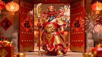 春节庙会门神雕像与烟花