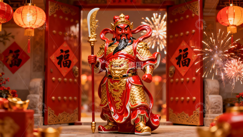 高清大图下载【趣麦麦图】春节庙会门神雕像与烟花