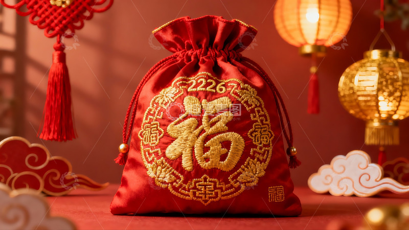 高清大图下载【趣麦麦图】红色福袋灯笼装饰新年氛围