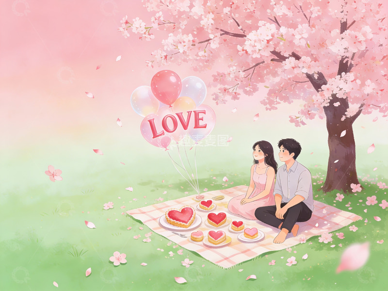 高清大图下载【趣麦麦图】樱花树下情侣野餐场景
