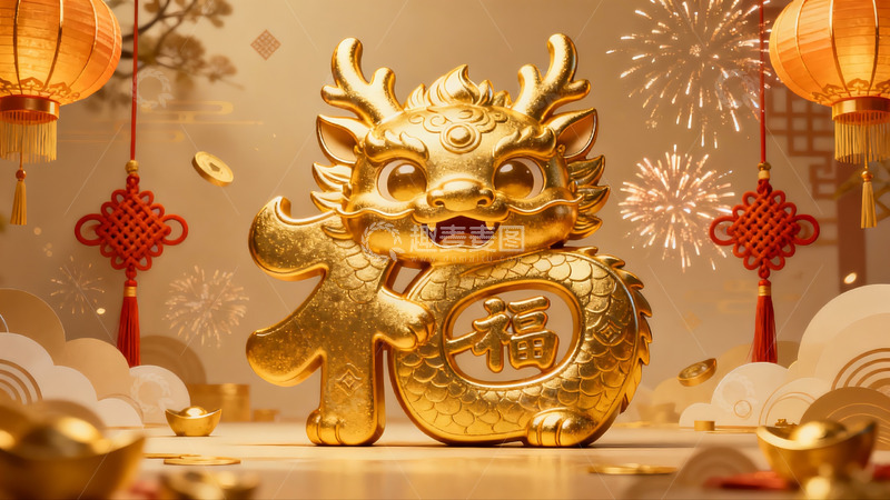 高清大图下载【趣麦麦图】金色龙形福字装饰迎新春