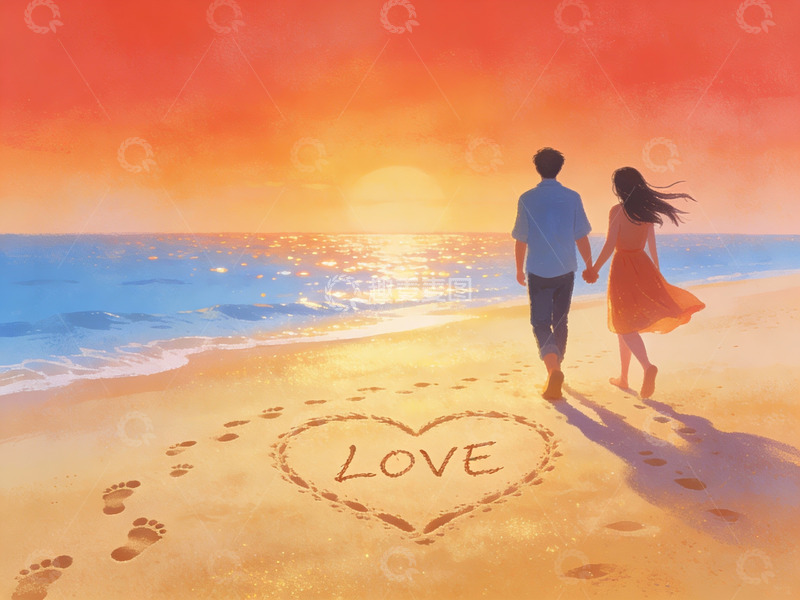 高清大图下载【趣麦麦图】情侣海滩牵手夕阳
