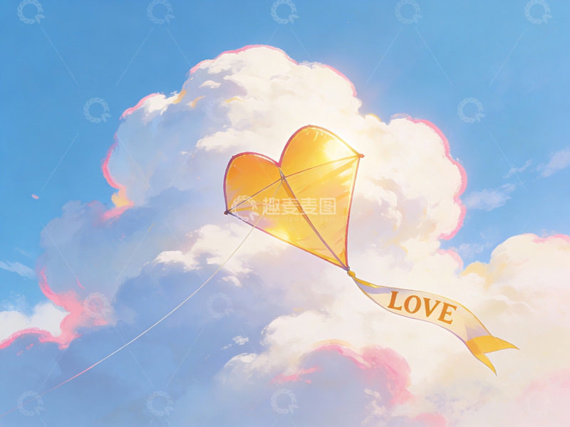 高清大图下载【趣麦麦图】心形风筝在云间飞翔