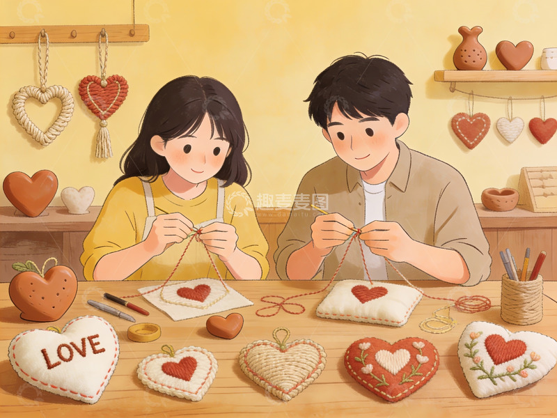 高清大图下载【趣麦麦图】情侣手工制作爱心抱枕
