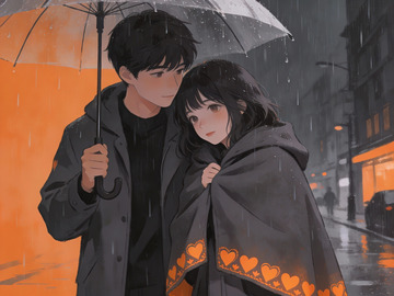 雨中撑伞的年轻情侣