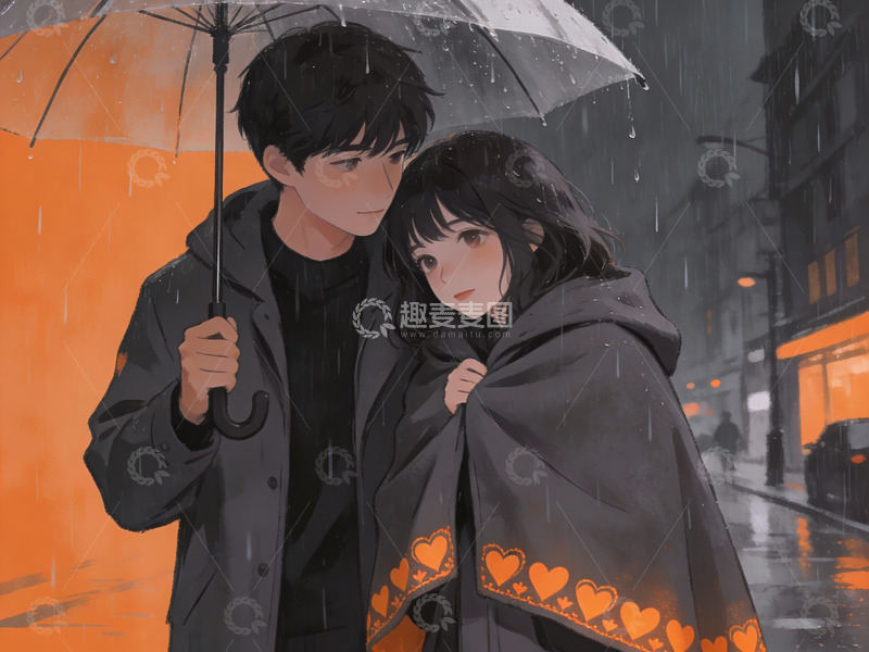 高清大图下载【趣麦麦图】雨中撑伞的年轻情侣