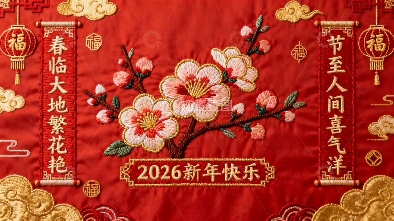 高清大图下载【趣麦麦图】红色刺绣新年装饰画