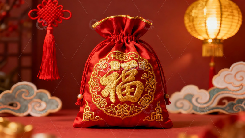 高清大图下载【趣麦麦图】红色福袋配灯笼装饰