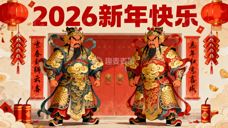 高清大图下载【趣麦麦图】新年快乐门神守护图