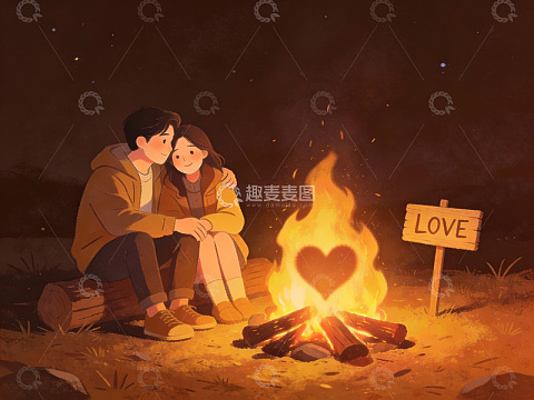 情侣篝火旁依偎取暖