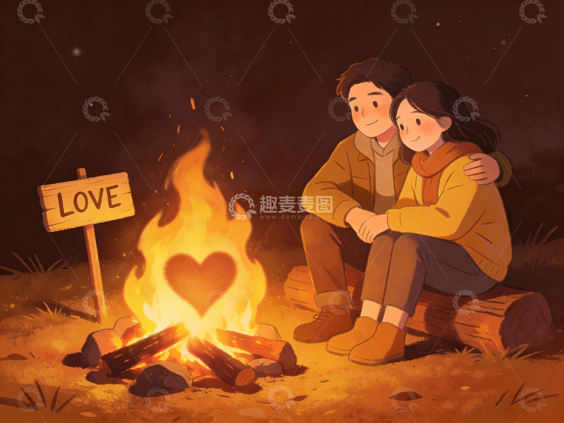 高清大图下载【趣麦麦图】情侣篝火旁温馨相拥