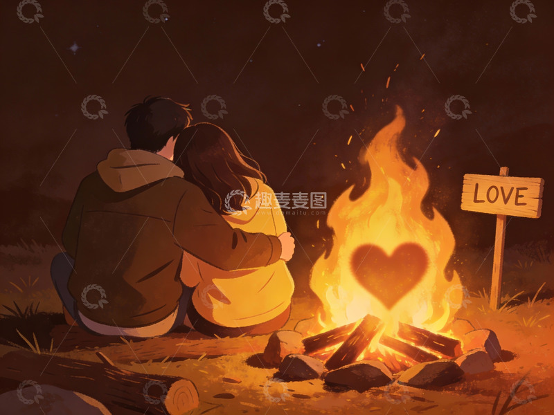 高清大图下载【趣麦麦图】情侣篝火旁相拥取暖