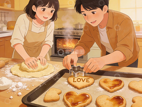 情侣在厨房制作爱心饼干