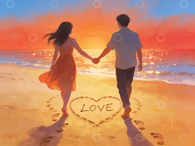 高清大图下载【趣麦麦图】情侣海滩牵手夕阳