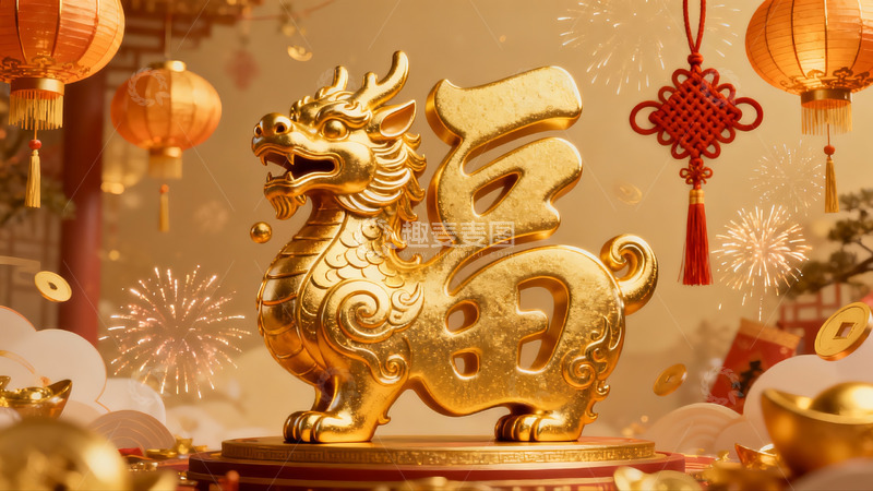 高清大图下载【趣麦麦图】金色龙形雕塑与新年装饰