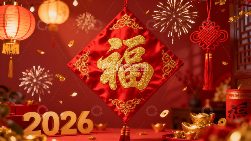 高清大图下载【趣麦麦图】新年红色装饰与烟花庆祝场景