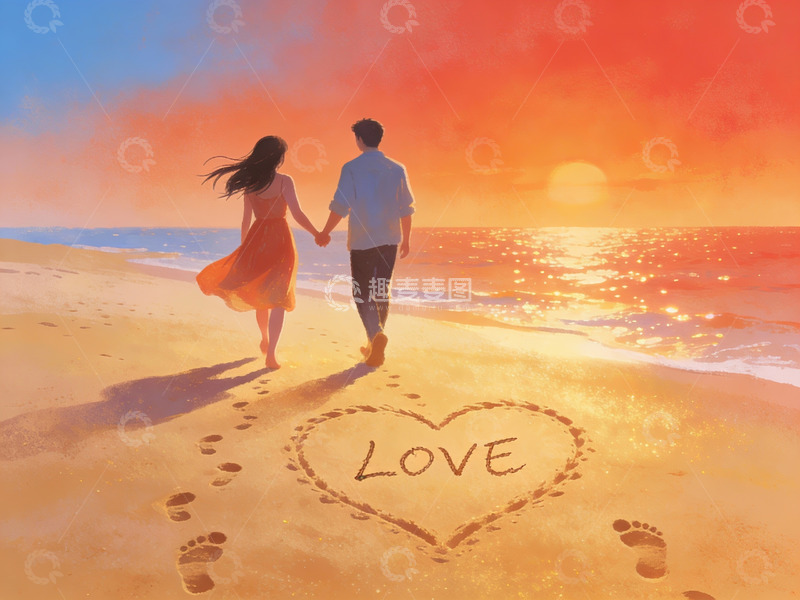 高清大图下载【趣麦麦图】情侣沙滩牵手夕阳