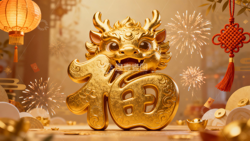 高清大图下载【趣麦麦图】金色龙形福字新年装饰