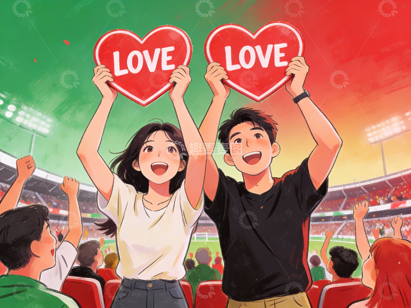 高清大图下载【趣麦麦图】情侣在体育场举爱心牌欢呼