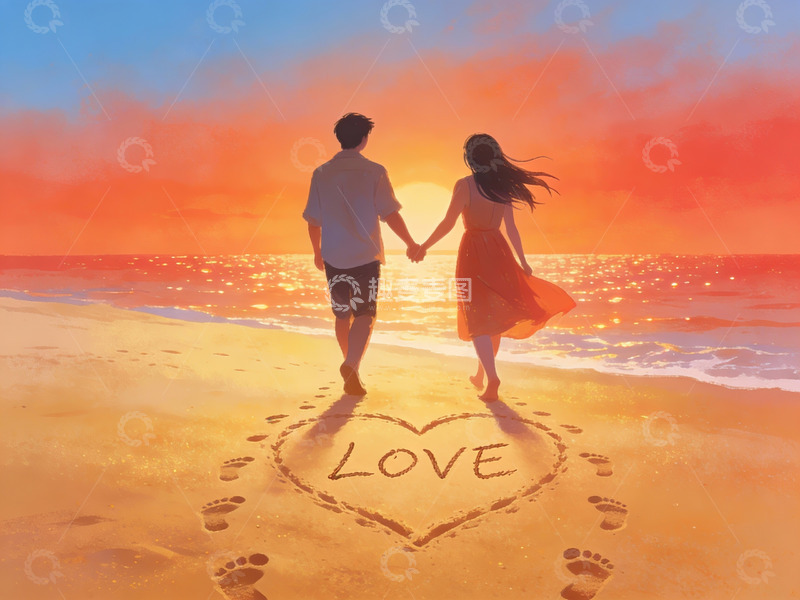 高清大图下载【趣麦麦图】情侣海滩牵手夕阳