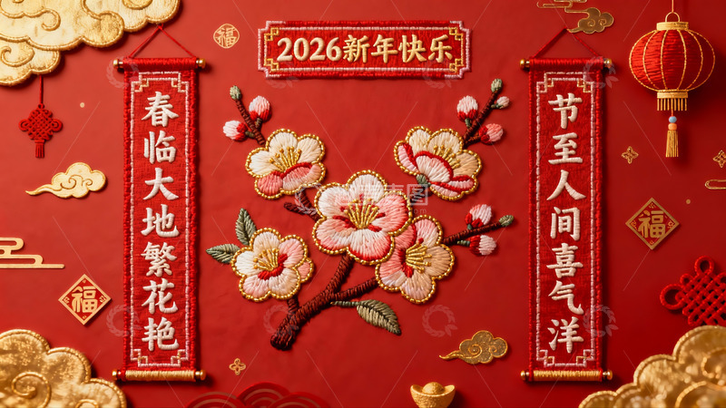 高清大图下载【趣麦麦图】2026新年红色刺绣装饰图