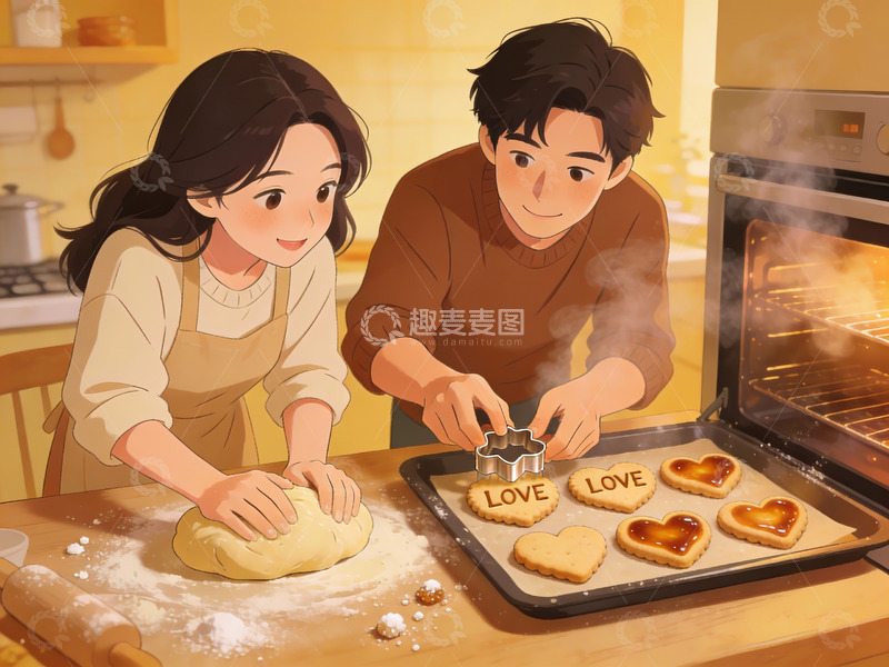 高清大图下载【趣麦麦图】-情侣在厨房制作爱心饼干