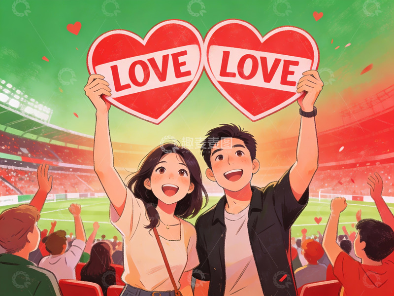 高清大图下载【趣麦麦图】情侣在体育场举爱心牌