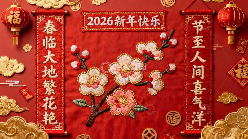 高清大图下载【趣麦麦图】2026新年红色刺绣装饰画