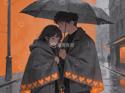 雨中情侣共撑伞