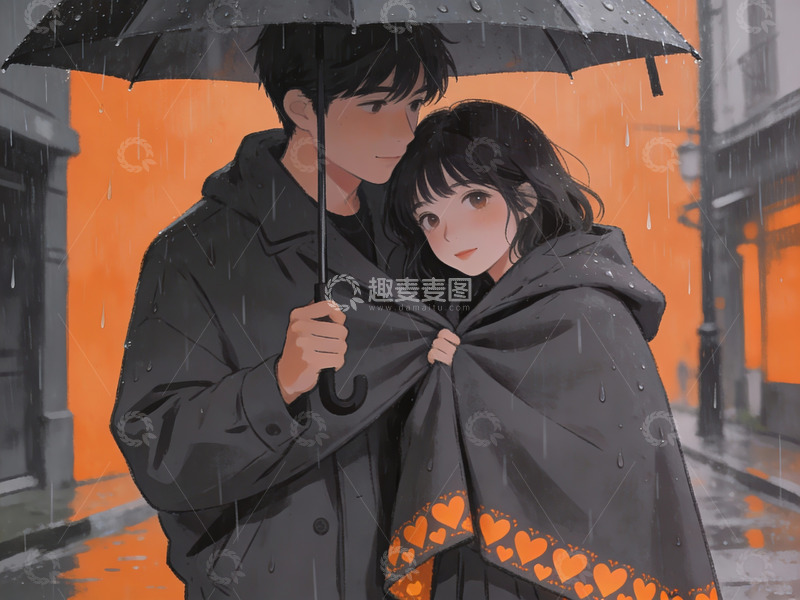 高清大图下载【趣麦麦图】雨中撑伞的年轻情侣
