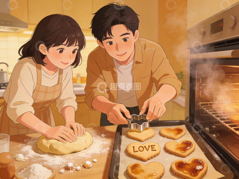 高清大图下载【趣麦麦图】情侣厨房制作爱心饼干
