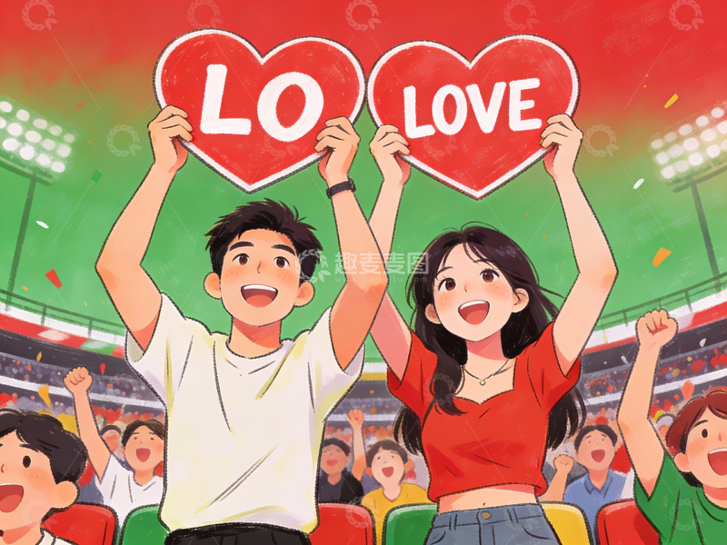 高清大图下载【趣麦麦图】情侣在体育场举爱心牌欢呼
