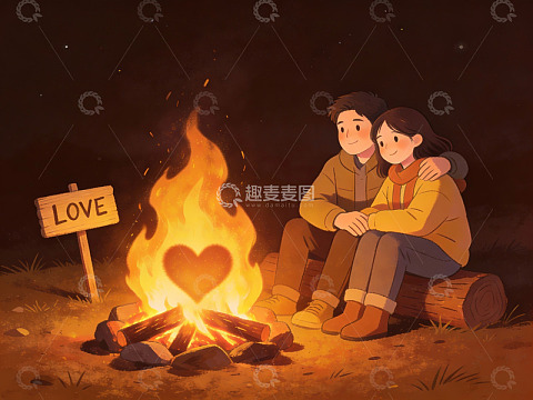 情侣篝火旁依偎取暖