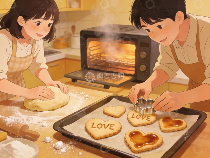 高清大图下载【趣麦麦图】情侣烘焙爱心饼干