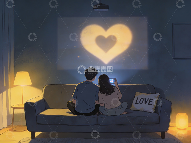 高清大图下载【趣麦麦图】情侣在沙发上观看心形投影