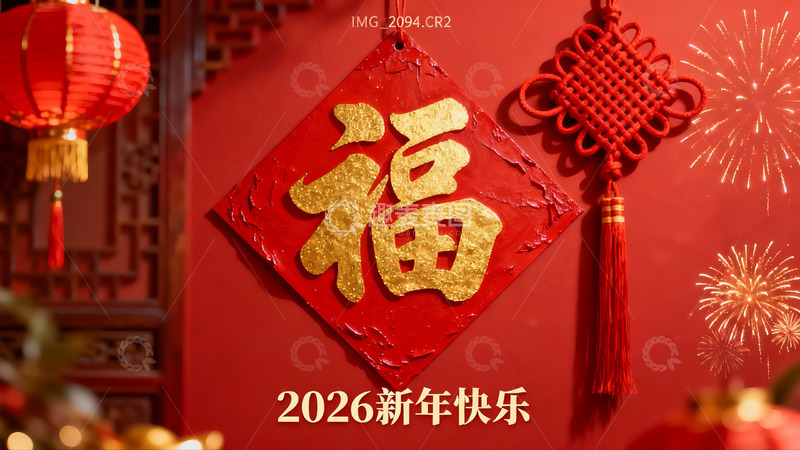 高清大图下载【趣麦麦图】新年红色福字挂饰与烟花