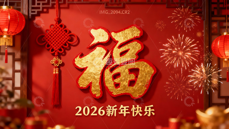 高清大图下载【趣麦麦图】新年红色背景福字挂饰
