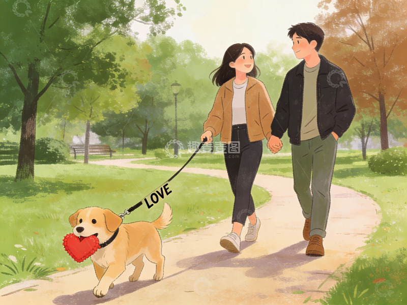 高清大图下载【趣麦麦图】情侣牵狗公园散步