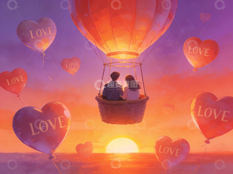 高清大图下载【趣麦麦图】情侣乘热气球共赏日落