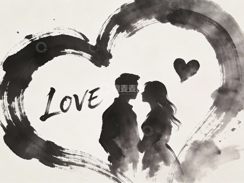 高清大图下载【趣麦麦图】水墨风格情侣剪影与爱心