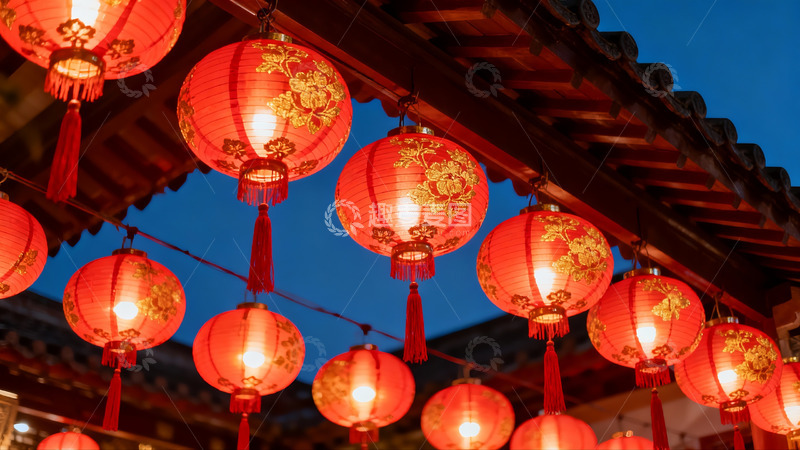 高清大图下载【趣麦麦图】夜幕下古建筑红灯笼高挂