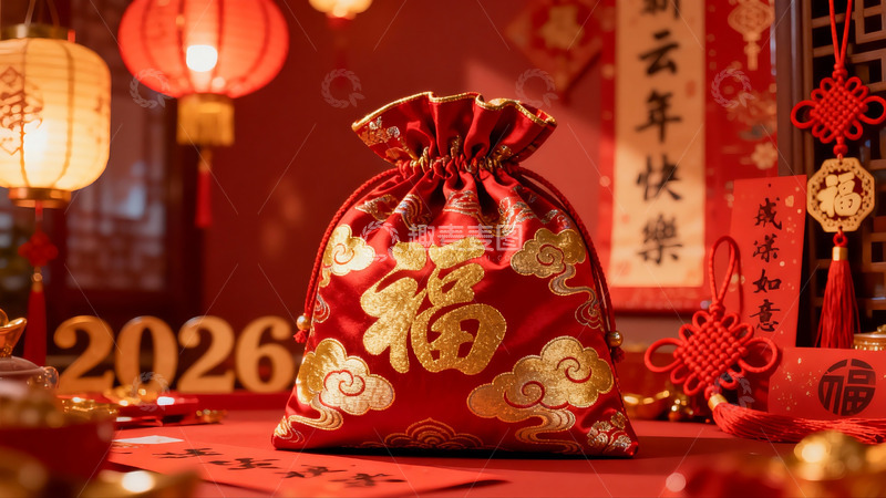 高清大图下载【趣麦麦图】春节红色福袋与灯笼装饰