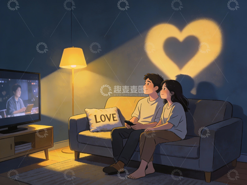 高清大图下载【趣麦麦图】情侣在客厅看电视