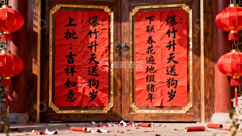 高清大图下载【趣麦麦图】春节门前贴春联挂红灯笼