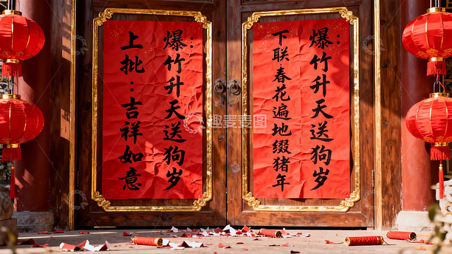 春节门前贴春联挂红灯笼
