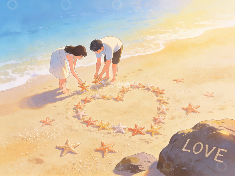 高清大图下载【趣麦麦图】沙滩上用海星拼心形的情侣
