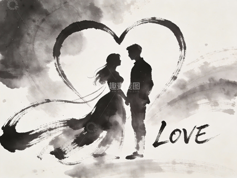 高清大图下载【趣麦麦图】水墨情侣剪影与心形图案